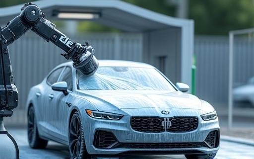 Advanced robotic arm washing a car with eco-foam