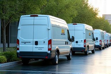 Several company vans and buses neatly lined up after cleaning